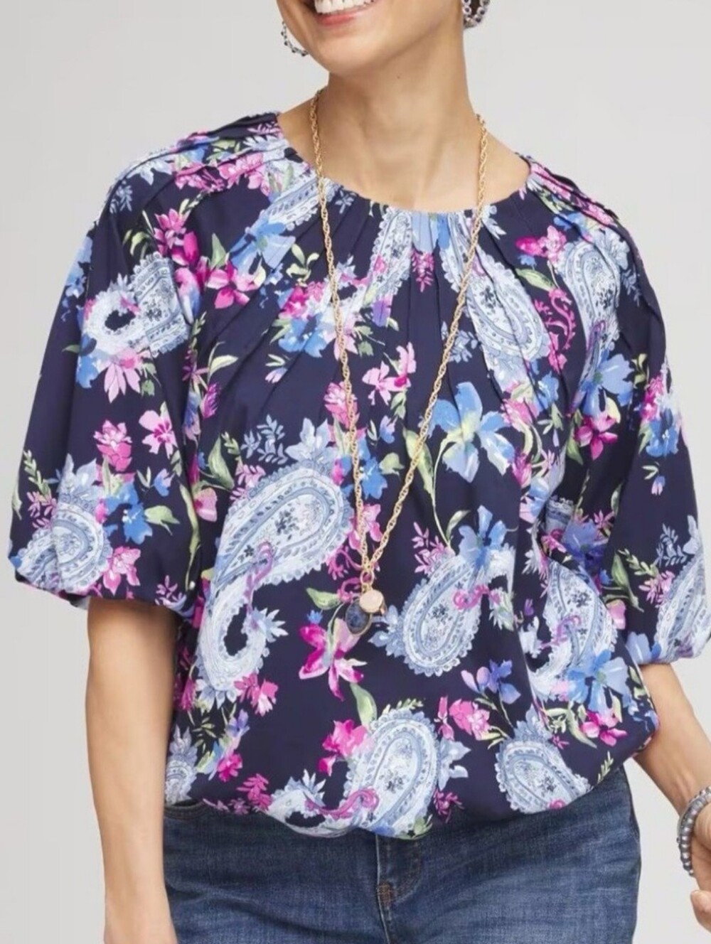 CHICO'S PAISLEY PINTUCK BUBBLE HEM TOP. SIZE 2 = LARGE. BLUE/ PINK.